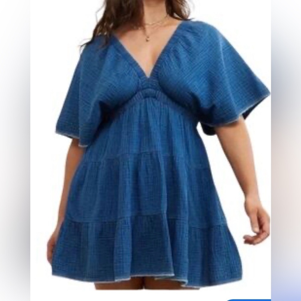 Aerie Gauzy Flutter Sleeve Dress Indigo Wash Size Large - Picture 1 of 6
